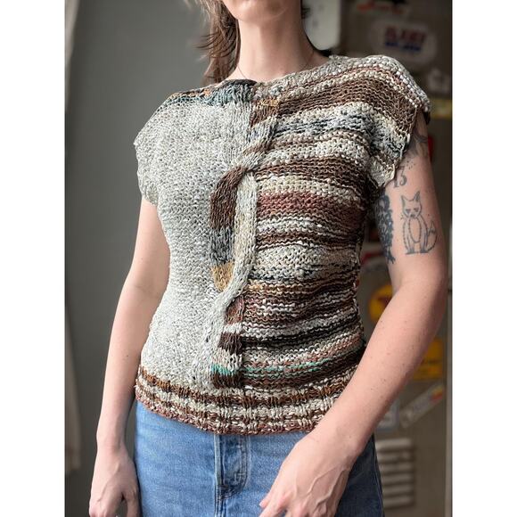 Vintage 80s Woven Leather Knit Top | Handmade Southwest Ribbon Weave | M/L - Picture 4 of 10